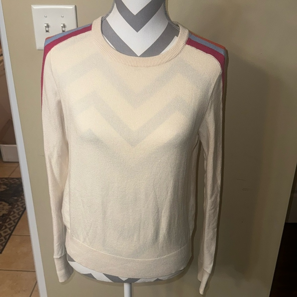Cream THML Sweater with Pink, Blue, Orange, and Green stripes on Sleeves - XS